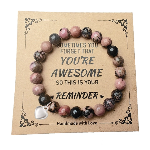 Natural Stone Beaded Heart Bracelet For Women Handmade Inspirational Quote Card Elastic Bracelet Amethyst Jewelry Gift
