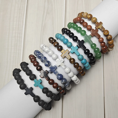 Fashion Natural Stone Cross Charm Bead Bracelet For Men Women Volcano Lava Tiger Eye Agate Prayer Yoga Healing Jewelry