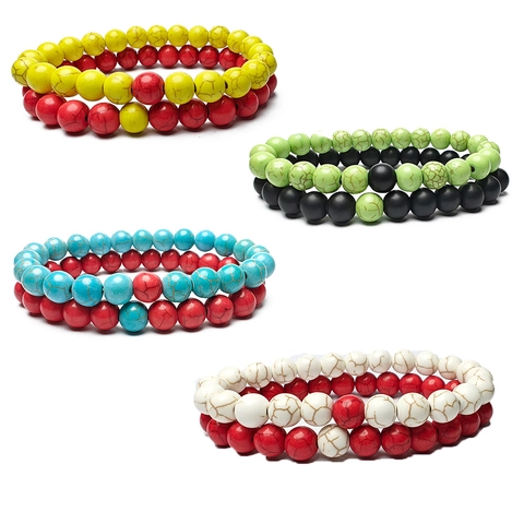 Set Braccialetto con Perline di Turchese Sintetico 8mm Vintage per Coppie Unisex 2 Pezzi Bracciale con Perline in Pietra Elastica