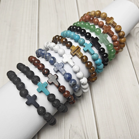 Fashion Natural Stone Cross Charm Bead Bracelet For Men Women Volcano Lava Tiger Eye Agate Prayer Yoga Healing Jewelry