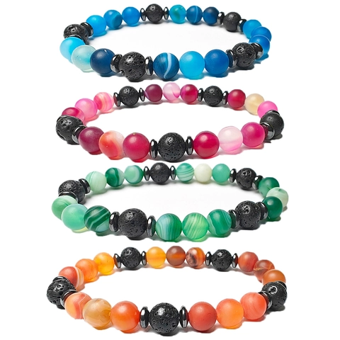 Pulsera de Cuentas de Ágata Rayada Natural y Piedra de Lava para Mujeres Hombres Difusor de Aceites Esenciales Aromaterapia Pulsera Elástica