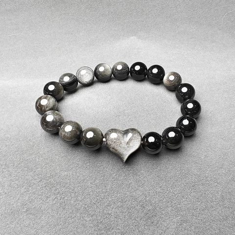 Vintage Silber Obsidian Herz Perlen Armband Für Damen Herren Künstlicher Kristall Runde Perlen Paar Armband Valentinstag Geschenk