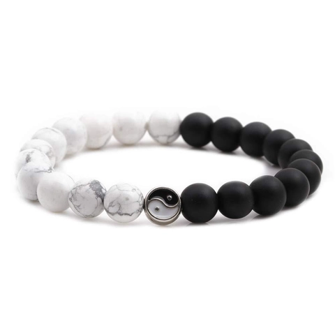 Vintage Tai Chi Yin Yang Beaded Bracelet For Men Natural White Turquoise Matte Black Stone Elastic Yoga Jewelry Wristband