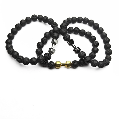 Fitness Dumbbell Beaded Bracelet Natural Black Lava Rock Stone Elastic Wristband Gym Motivation Jewelry Live Lift Gift For Men Women