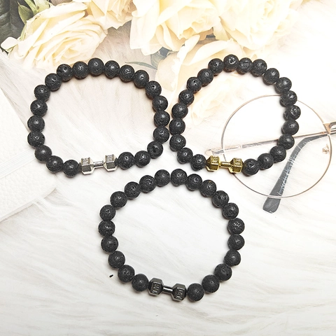 Fitness Dumbbell Beaded Bracelet Natural Black Lava Rock Stone Elastic Wristband Gym Motivation Jewelry Live Lift Gift For Men Women