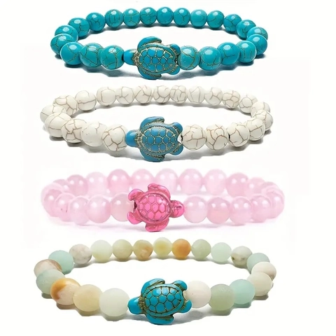 Bohemian Turtle Natural Stone Beaded Bracelets For Women Men Turquoise Lava Rock Elastic Strand Bracelets Beach Jewelry Gift