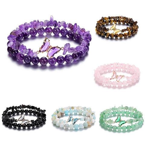 Juego de Pulseras de Piedra Natural para Mujer Dije de Mariposa Amatista Ojo de Tigre Cuarzo Rosa Joyería Regalo