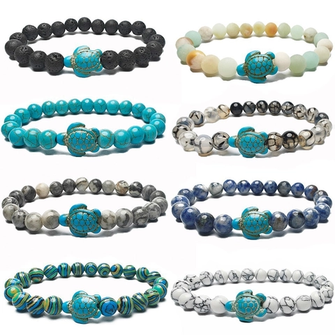 Natural Stone Sea Turtle Beaded Elastic Bracelet Unisex Lava Stone Turquoise Tortoise Charm Bead Bracelet Jewelry Gifts