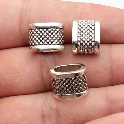 Antique Silver Zinc Alloy Oval Dotted Large Hole Slider Beads For DIY Jewelry Making Retro Bohemian Craft Spacers