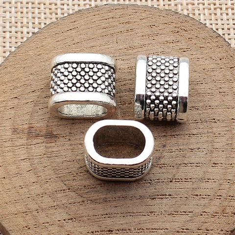 Antique Silver Zinc Alloy Oval Dotted Large Hole Slider Beads For DIY Jewelry Making Retro Bohemian Craft Spacers