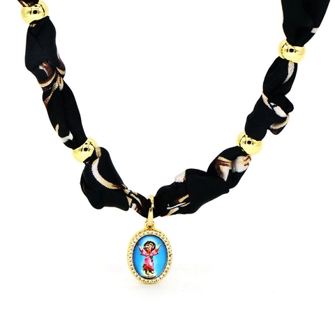 Collier Pendentif Portrait Religieux Ovale en Cuivre Plaqué Or 18K Ruban Foulard Satin Léopard Bijoux pour Femmes