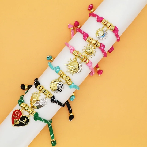 Magnetic Sun Moon Heart Taichi Couples Bracelet Woven Rope Copper Zirconia Adjustable Ethnic Style Friendship Jewelry