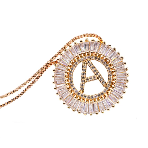 Mode Kupfer Runde Zirkonia Anfangsbuchstabe Anhänger Halskette Damen Roségold Galvanisiert Micro Pave Alphabet Schmuck