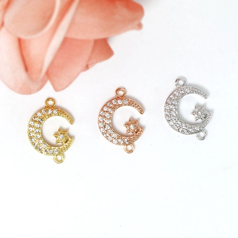 Copper Moon Star Celestial Pendant Connector Micro Pave Rhinestone For DIY Bracelet Necklace Making Jewelry Findings