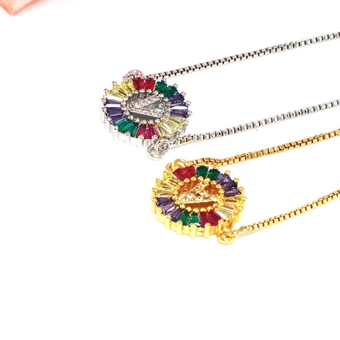 Copper Rainbow Alphabet Letter Adjustable Box Chain Bracelet For Women Shiny Rhinestone Round Pendant Fashion Jewelry