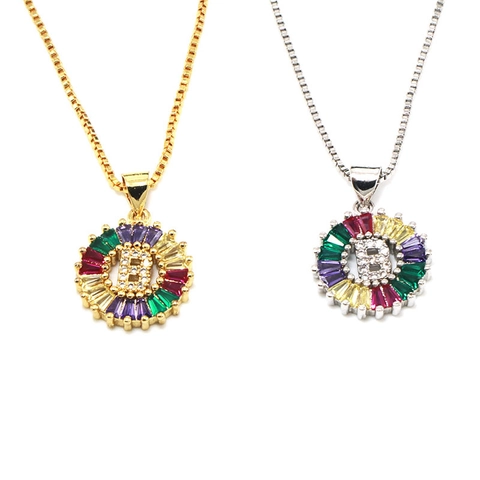 Fashion Copper Colorful Zirconia Letter Pendant Necklace For Women Round Pave Zirconia Initial Medallion Box Chain Necklace Jewelry Gift
