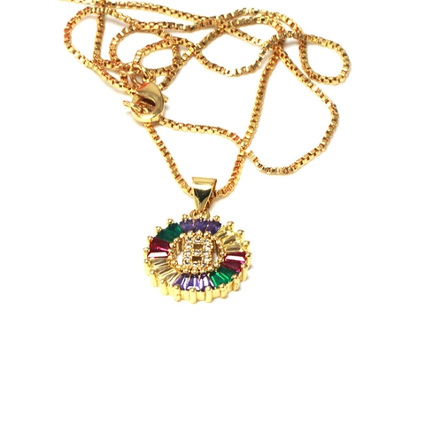 Fashion Copper Colorful Zirconia Letter Pendant Necklace For Women Round Pave Zirconia Initial Medallion Box Chain Necklace Jewelry Gift