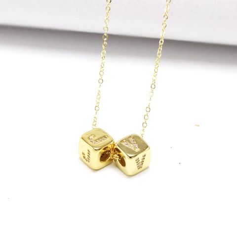 Alphabet Initial Cube Pendant Necklace Gold Plated Copper Rhinestone Inlaid Letter DIY Jewelry Accessories For Women Men