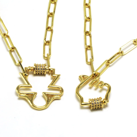 Gold Plated Copper Chunky Link Chain Necklace With Heart Cross Hamsa Hand Carabiner Rhinestone Pendant For Women Punk Hip Hop