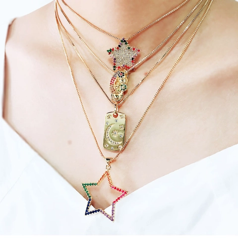 18K Gold Plated Copper Colorful Zirconia Star Moon Pendant Necklace For Women Fashion Slipper Charm Jewelry Box Chain