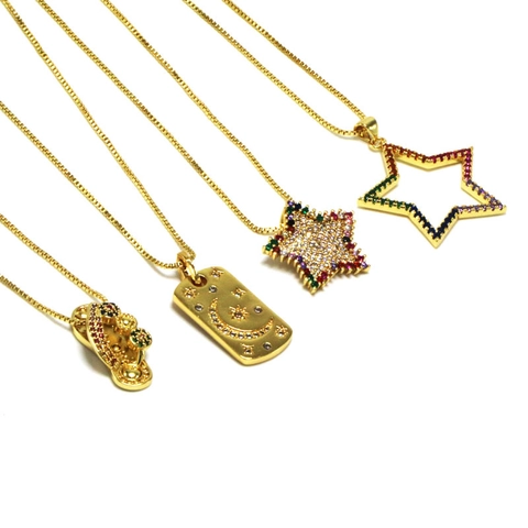 18K Gold Plated Copper Colorful Zirconia Star Moon Pendant Necklace For Women Fashion Slipper Charm Jewelry Box Chain