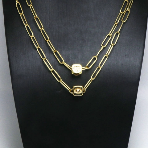 Collana Pendente Cubo Cuore Malocchio in Rame Zirconia Catena a Graffetta Retro Gioielli Hip Hop per Donna Placcato Oro