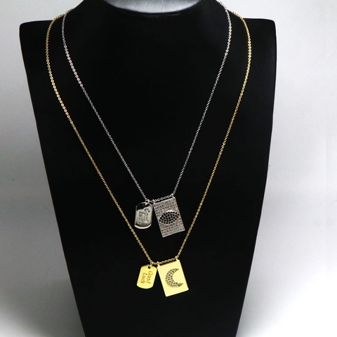 Collar Con Colgante Rectangular de Cobre Chapado en Oro Con Circonia Mal de Ojo Estrella Luna Etiqueta Suerte Para Mujer Joyería Regalo