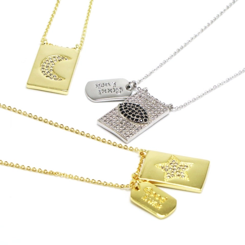 Collar Con Colgante Rectangular de Cobre Chapado en Oro Con Circonia Mal de Ojo Estrella Luna Etiqueta Suerte Para Mujer Joyería Regalo