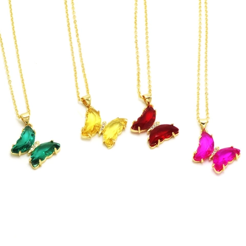 Glass Butterfly Pendant Necklace For Women Girls Sweet Fashion Gold Plated Alloy Rhinestone Clavicle Chain Jewelry Gift