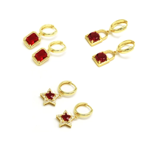 Boucles d'Oreilles Pendantes en Cuivre Plaqué Or 18K avec Zirconia pour Femme Étoile Carré Serrure Géométrique Cristal Strass Bijoux