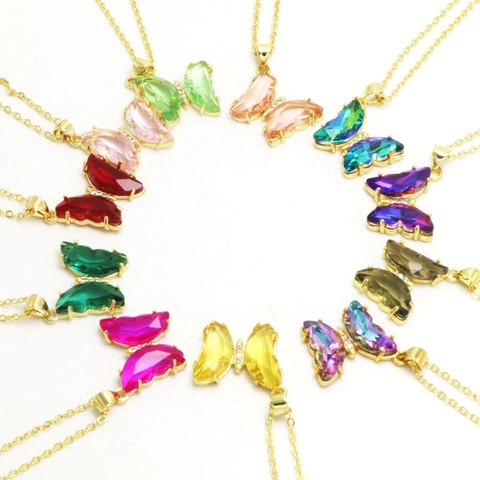 Glass Butterfly Pendant Necklace For Women Girls Sweet Fashion Gold Plated Alloy Rhinestone Clavicle Chain Jewelry Gift
