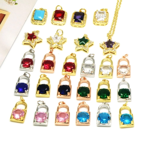 Copper Zirconia Colorful Gemstone Pendants For DIY Necklace Bracelet Making Star Rectangle Lock Jewelry Charms Pendant Only (Without Chain)