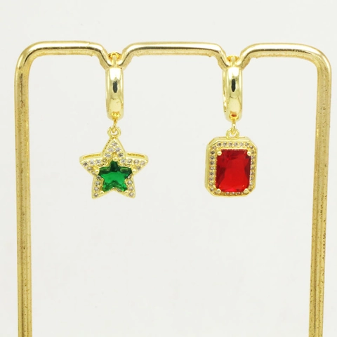 Boucles d'Oreilles Pendantes en Cuivre Plaqué Or 18K avec Zirconia pour Femme Étoile Carré Serrure Géométrique Cristal Strass Bijoux