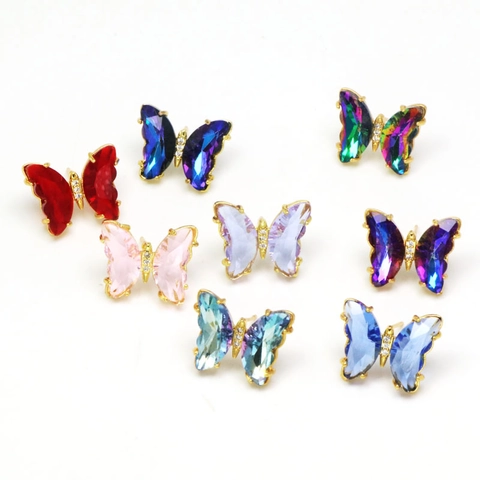 Fashion Alloy Glass Butterfly Stud Earrings For Women Shiny Rhinestone Inlaid Colorful Crystal Animal Ear Jewelry