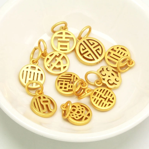 Chinese Auspicious Character Pendants Hollow Copper Gold Plated Lucky Fortune Blessing Charms For DIY Necklace Bracelet Making Jewelry Findings