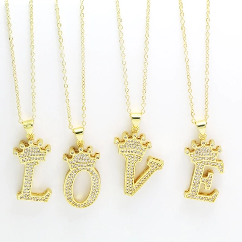 18K Gold Plated Copper Crown Alphabet Necklace For Women Cubic Zirconia A-Z Letter Pendant Necklace Fashion Jewelry Gift