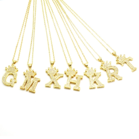 18K Gold Plated Copper Crown Alphabet Necklace For Women Cubic Zirconia A-Z Letter Pendant Necklace Fashion Jewelry Gift