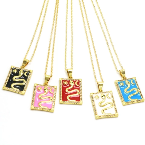 Hip Hop Tarot Schlange Anhänger Halskette 18k Vergoldet Kupfer Emaille Rechteck Stern Mond Zirkonia Schmuck Unisex