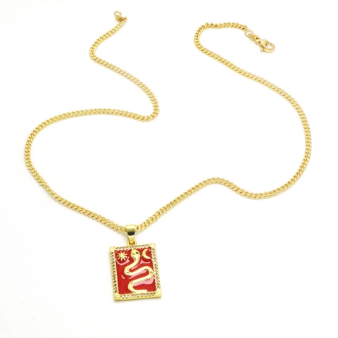 Hip Hop Tarot Schlange Anhänger Halskette 18k Vergoldet Kupfer Emaille Rechteck Stern Mond Zirkonia Schmuck Unisex