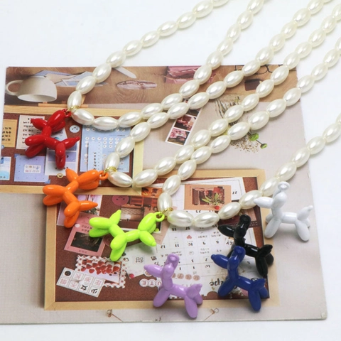 Retro Cartoon Balloon Dog Pendant Necklace For Women Girls Colorful Enamel Animal Puppy White Artificial Pearl Clavicle Chain Fashion Jewelry Gift