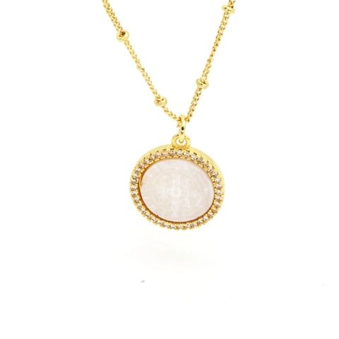 Collar de Colgante de Cruz de Madreperla Chapado en Oro de 18K Cobre Medalla de San Benito Joyería Religiosa Strass Mujer