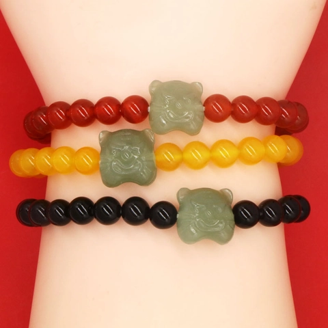 Pulsera de Ágata Natural Obsidiana Con Cabeza de Tigre de Jade Hetian Pulsera Étnica Hecha a Mano para Hombres Mujeres