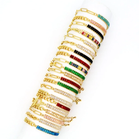 Bracciale in Rame Placcato Oro 18K con Zirconia Giuntata Donna Taglio Baguette Tennis Maglia Cubana Gioielli Hip Hop