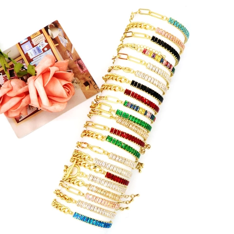 Bracciale in Rame Placcato Oro 18K con Zirconia Giuntata Donna Taglio Baguette Tennis Maglia Cubana Gioielli Hip Hop