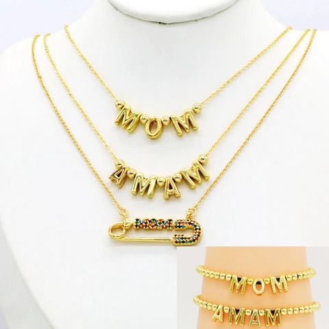 Gold Copper MOM MAMA Letter Pendant Necklace Bracelet Colorful Zirconia Inlaid Safety Pin Clasp Jewelry Mother Day Gift For Women