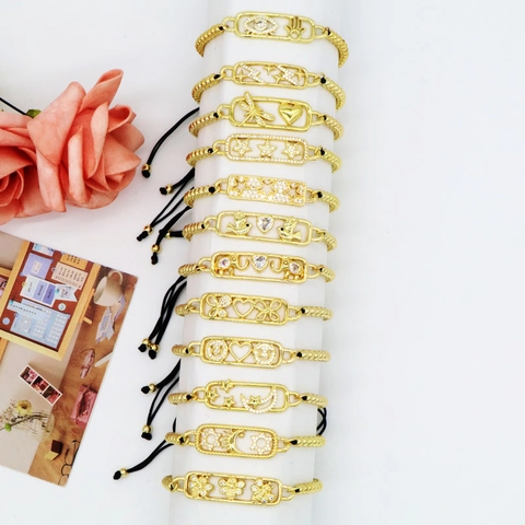 Pulsera de Cuentas de Cobre Hip Hop para Mujer Tejida Ajustable Ojo Malvado Hamsa Luna Estrella Smiley Strass Pulsera