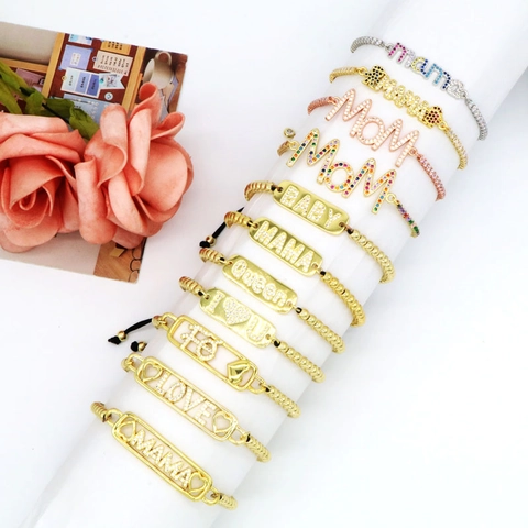 Bracelet Alphabet en Cuivre avec Strass pour Femmes Plaqué Or MAMA MOM LOVE BABY Bijoux Ajustables Cadeau Fête des Mères