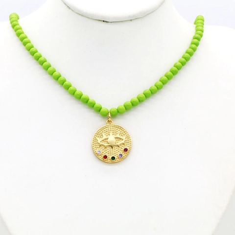 Ensemble Collier et Boucles d'Oreilles Pendentif Pièce Mauvais Œil Plaqué Or 18K Vintage Perle d'Eau Douce Perles Vertes Bijoux Femme