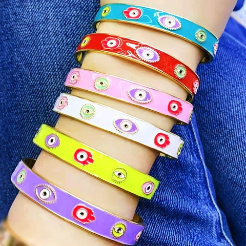 Bohemian Copper Enamel Evil Eye Hamsa Hand Cuff Bracelet Adjustable Gold Plated Exotic Ethnic Open Bangle For Women Jewelry Gift