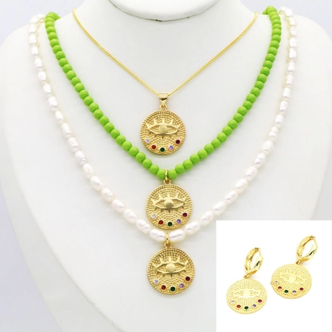 Ensemble Collier et Boucles d'Oreilles Pendentif Pièce Mauvais Œil Plaqué Or 18K Vintage Perle d'Eau Douce Perles Vertes Bijoux Femme